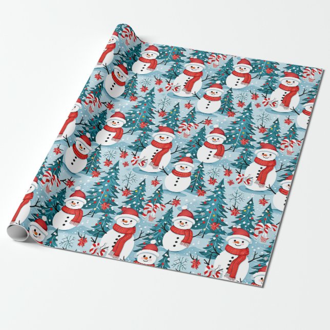 Blue and Red Christmas Snowmen Festive Wrapping Paper (Unrolled)