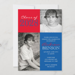 Blue and Red Classic 2 Photo Graduation Invitation
