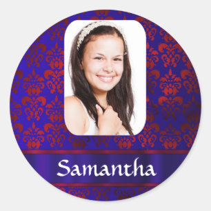 Blue and red damask photo template classic round sticker