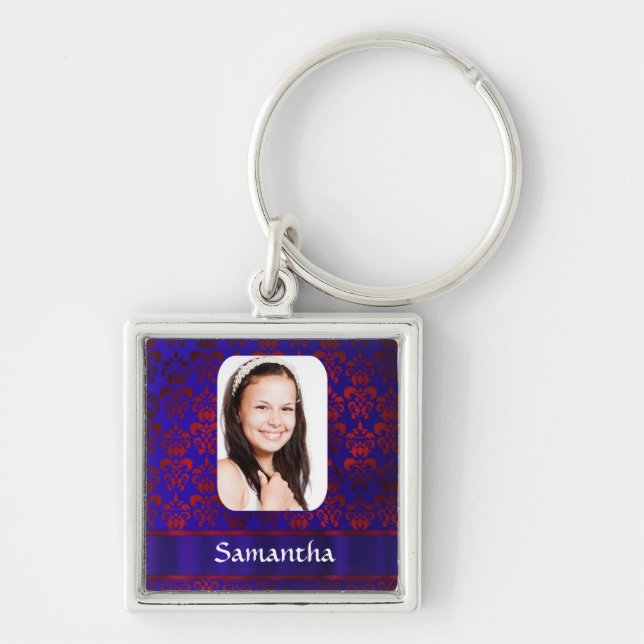 Blue and red damask photo template key ring (Front)