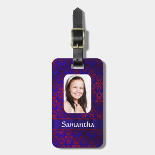 Blue and red damask photo template luggage tag