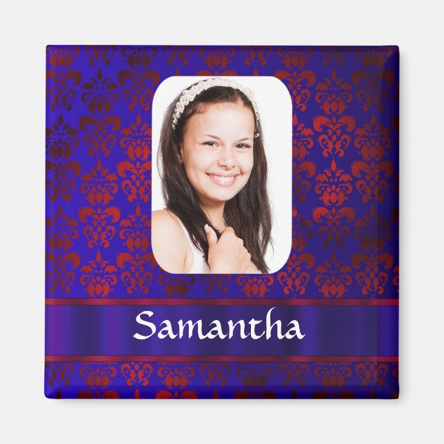 Blue and red damask photo template magnet (Front)