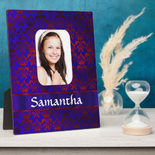 Blue and red damask photo template plaque