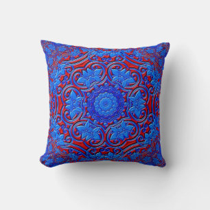 Blue and red damasks abstract fractal design cushion