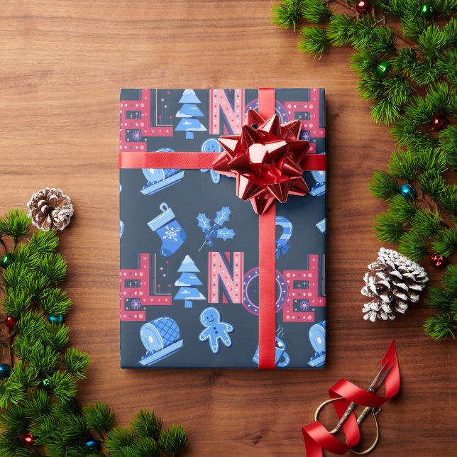 Blue And Red Festive Noel Lettering Christmas Wrapping Paper (Holiday Gift)