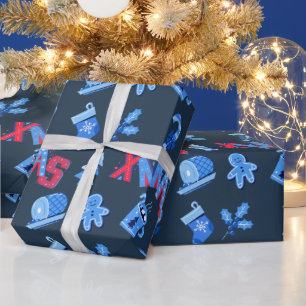 Blue And Red Festive XMAS Lettering Wrapping Paper