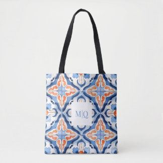 Blue And Red Floral Tile Tote Bag