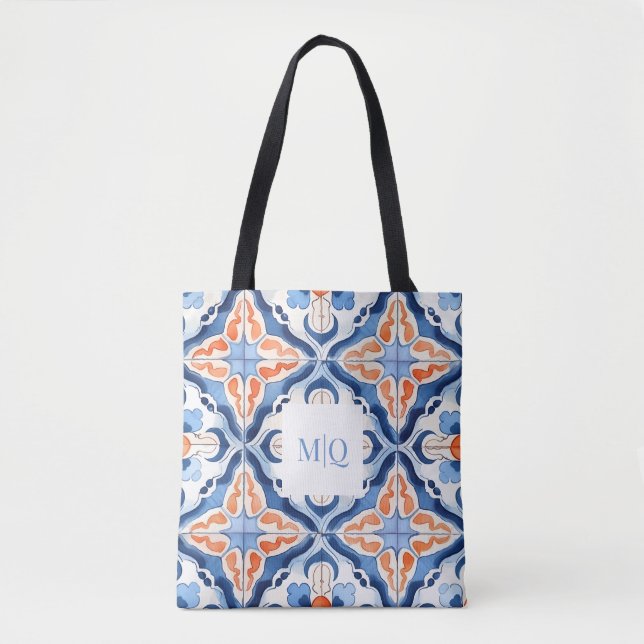 Blue And Red Floral Tile Tote Bag (Front)
