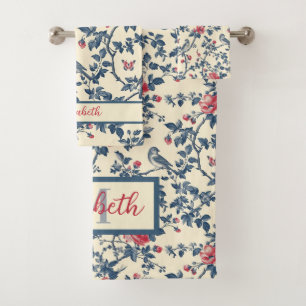 Blue and Red Floral Toile de Jouy and Birds Bath Towel Set