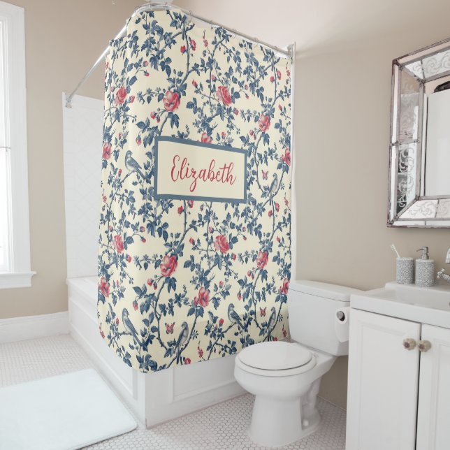 Blue and Red Floral Toile de Jouy and Birds Shower Curtain (In Situ)