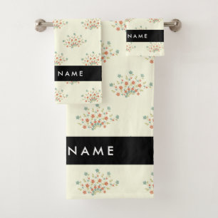 Blue and Red Flowers, Black, Your Name Bath Towel Set