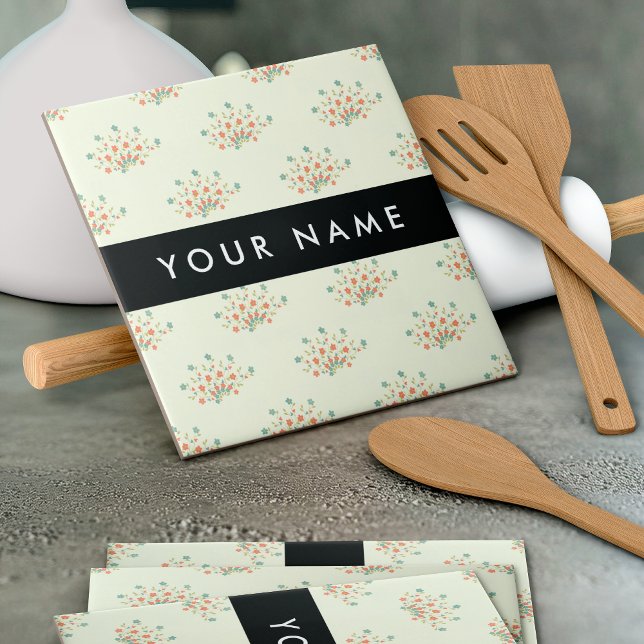 Blue and Red Flowers, Black, Your Name Ceramic Tile (Creator Uploaded)
