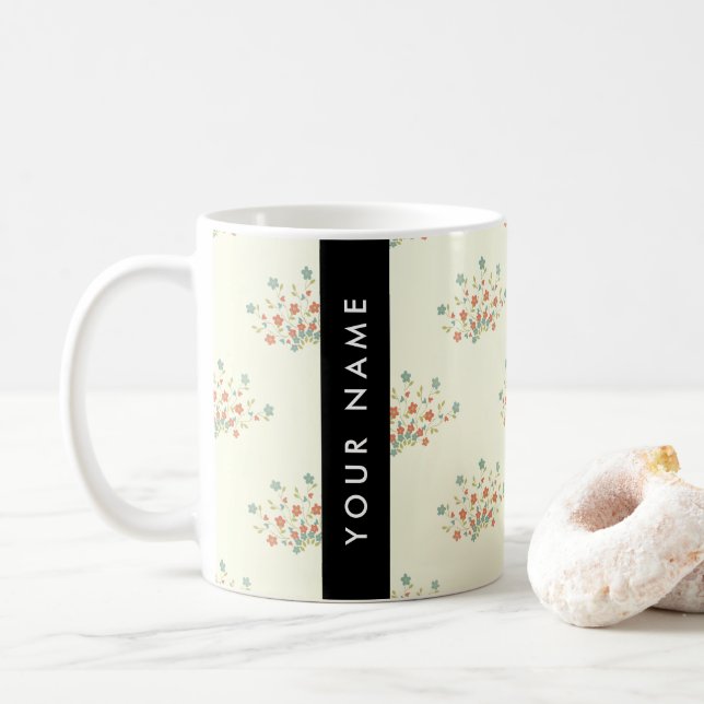 Blue and Red Flowers, Black, Your Name Coffee Mug (With Donut)