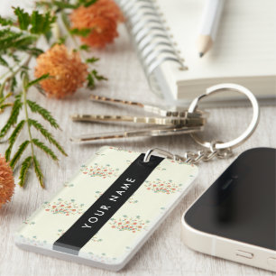 Blue and Red Flowers, Black, Your Name Key Ring