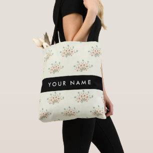 Blue and Red Flowers, Black, Your Name Tote Bag