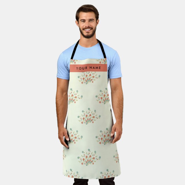 Blue and Red Flowers, Red, Your Name Apron (Worn)
