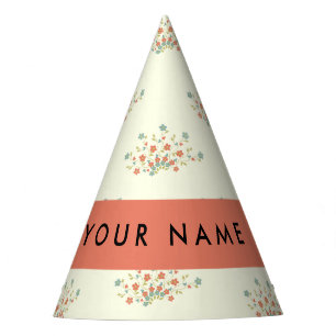 Blue and Red Flowers, Red, Your Name Party Hat