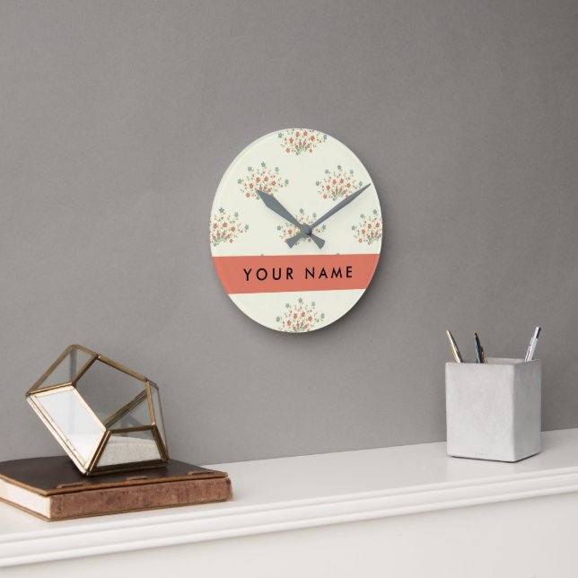 Blue and Red Flowers, Red, Your Name Round Clock (Office)