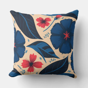 Blue and Red Flowers, with Dark Blue Leaves Cushion