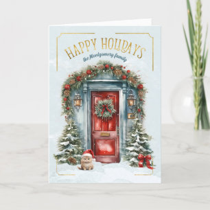 Blue and Red Front Door Custom Name Happy Holiday Card