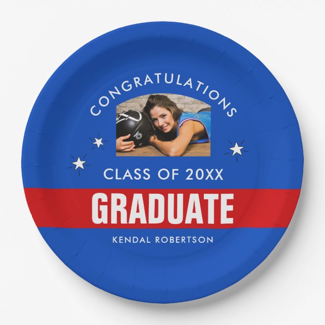 Blue and Red Graduation Photo Custom Paper Plate (Front)