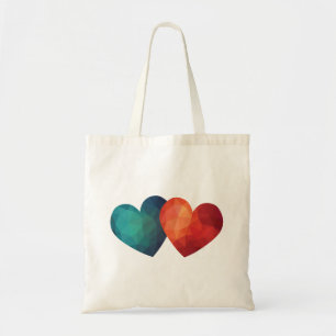 Blue and red hearts, modern geometric design tote bag