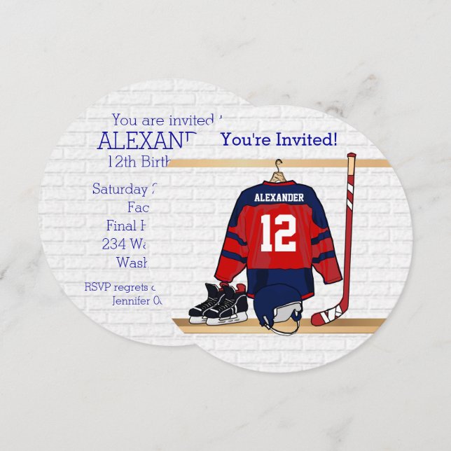 Blue and Red Ice Hockey Jersey Birthday Party Invitation (Front/Back)