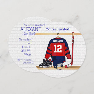 Blue and Red Ice Hockey Jersey Birthday Party Invitation
