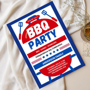 Blue And Red Illustrated 4th of July BBQ Party Invitation