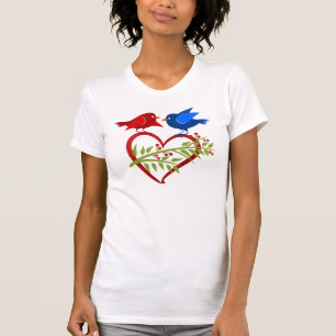 Blue and Red Lovebirds with Heart T-Shirt
