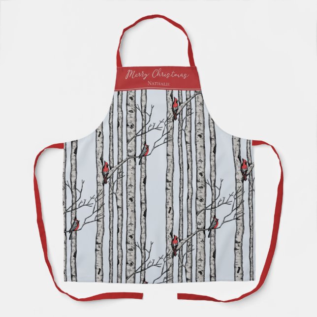 Blue and Red Merry Christmas Cardinal Bird Birch  Apron (Front)