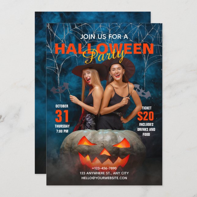 Blue and Red Modern Halloween Party Invitation (Front/Back)