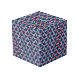 Blue and Red Moroccan Trellis, Lattice, Quatrefoil Cube