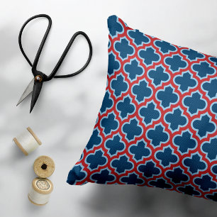 Blue and Red Moroccan Trellis, Lattice, Quatrefoil Decorative Cushion
