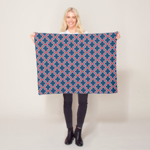 Blue and Red Moroccan Trellis, Lattice, Quatrefoil Fleece Blanket