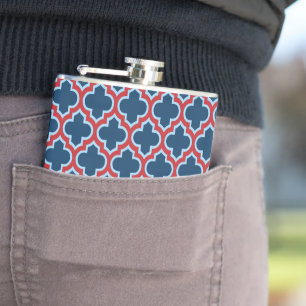 Blue and Red Moroccan Trellis, Lattice, Quatrefoil Hip Flask