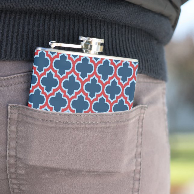 Blue and Red Moroccan Trellis, Lattice, Quatrefoil Hip Flask (In Situ)