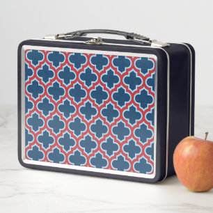 Blue and Red Moroccan Trellis, Lattice, Quatrefoil Metal Lunch Box