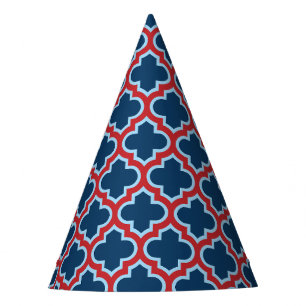 Blue and Red Moroccan Trellis, Lattice, Quatrefoil Party Hat