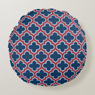 Blue and Red Moroccan Trellis, Lattice, Quatrefoil Round Cushion