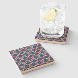 Blue and Red Moroccan Trellis, Lattice, Quatrefoil Stone Coaster