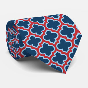 Blue and Red Moroccan Trellis, Lattice, Quatrefoil Tie