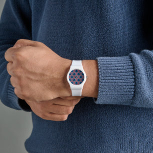 Blue and Red Moroccan Trellis, Lattice, Quatrefoil Watch