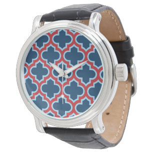Blue and Red Moroccan Trellis, Lattice, Quatrefoil Watch
