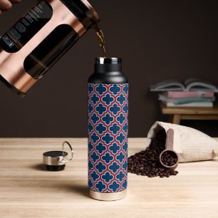 Blue and Red Moroccan Trellis, Lattice, Quatrefoil Water Bottle