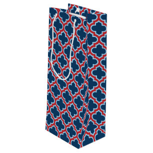 Blue and Red Moroccan Trellis, Lattice, Quatrefoil Wine Gift Bag