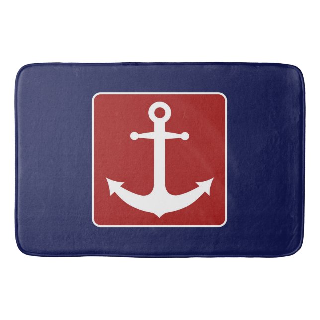 Blue and Red Nautical Anchor Bathmat (Front)