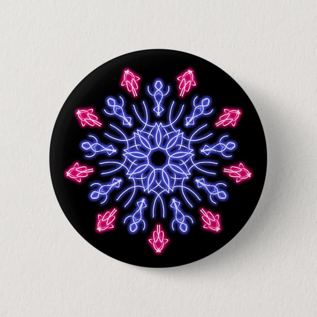 Blue and red neon flower 6 cm round badge (Front)