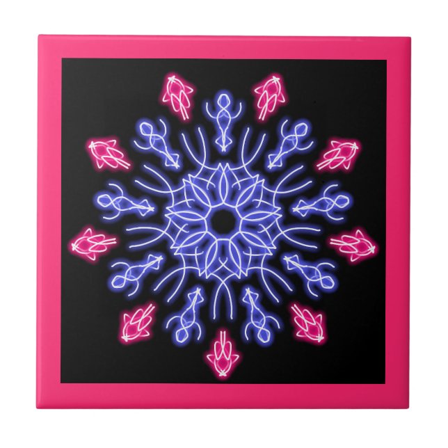 Blue and red neon flower ceramic tile (Front)