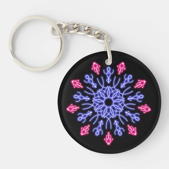 Blue and red neon flower key ring (Front)
